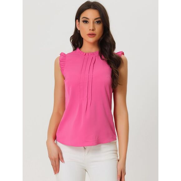 Ruffled Business Office Vintage Sleeveless Work Blouses Top Neon Pink - Picture 2 of 6